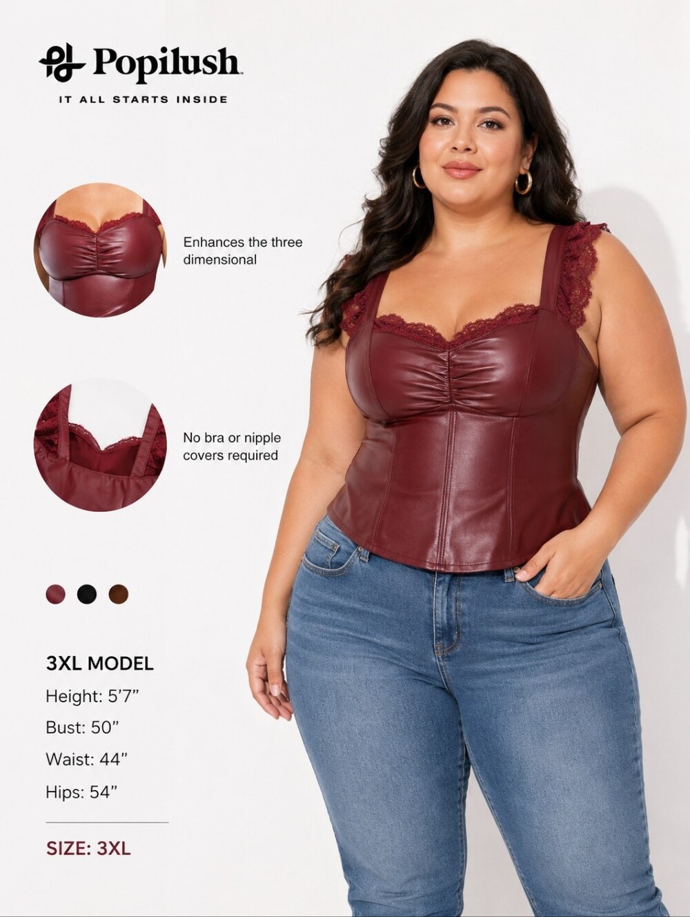 Popilush NWT Faux Leather Lace Corset Top Burgundy Red 3XL